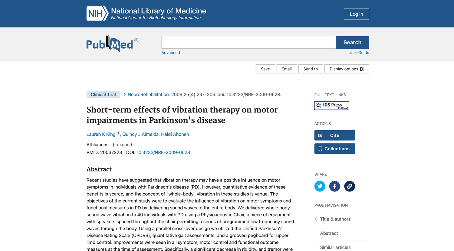 Kurzfristige Auswirkungen der Vibrationstherapie auf die motorischen Beeinträchtigungen der Parkinson-Krankheit