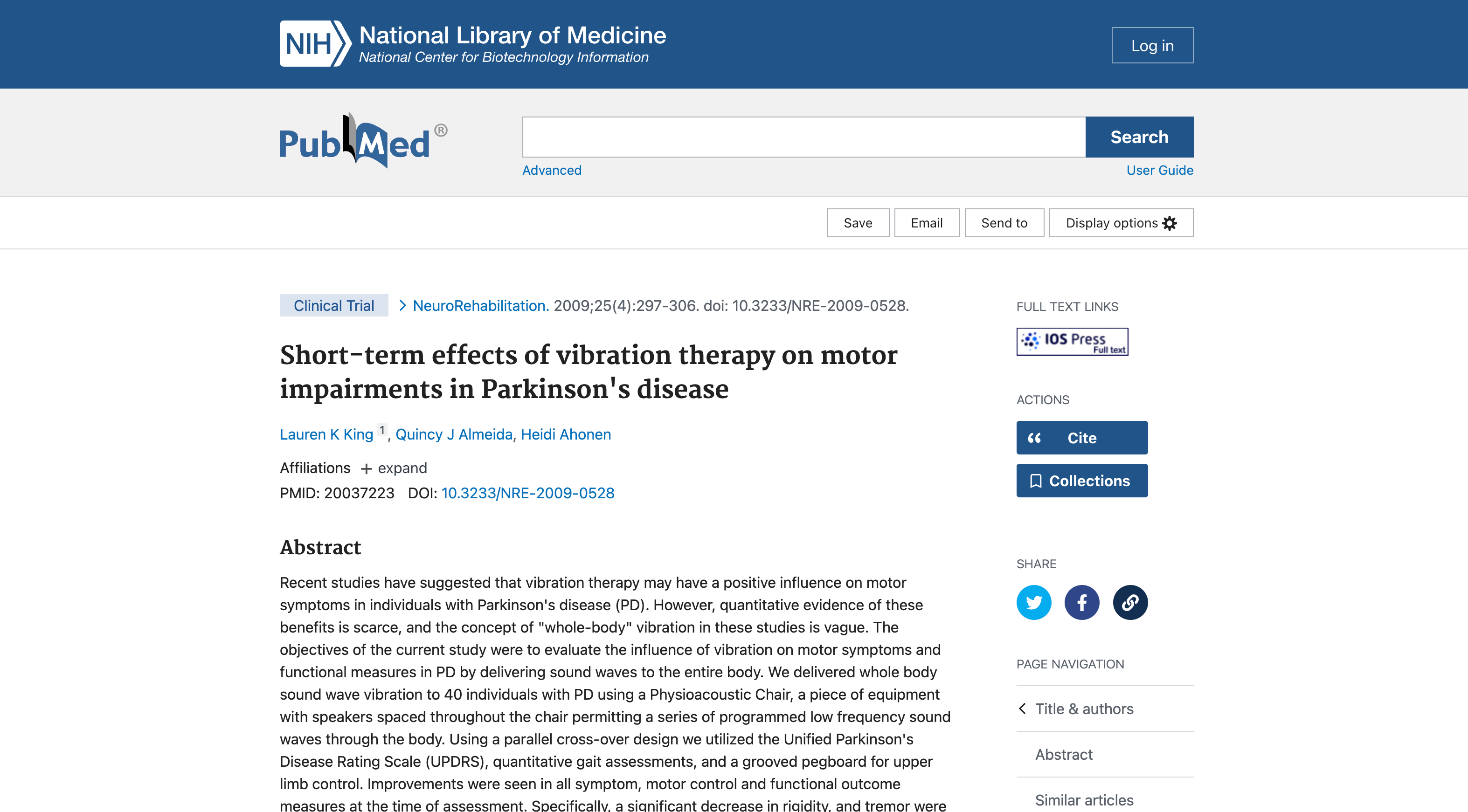 Kurzfristige Auswirkungen der Vibrationstherapie auf die motorischen Beeinträchtigungen der Parkinson-Krankheit