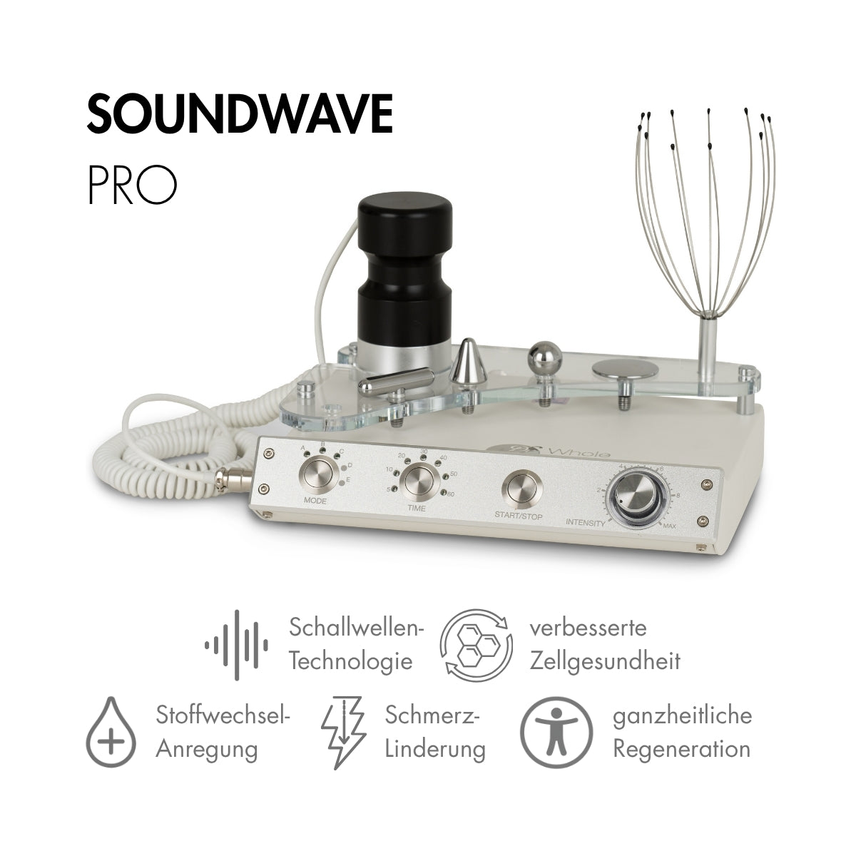 Evosonics SoundWave Pro - Schallvibrationsgerät mit fünf Aufsätzen vor weißem Hintergrund - Therapiegold